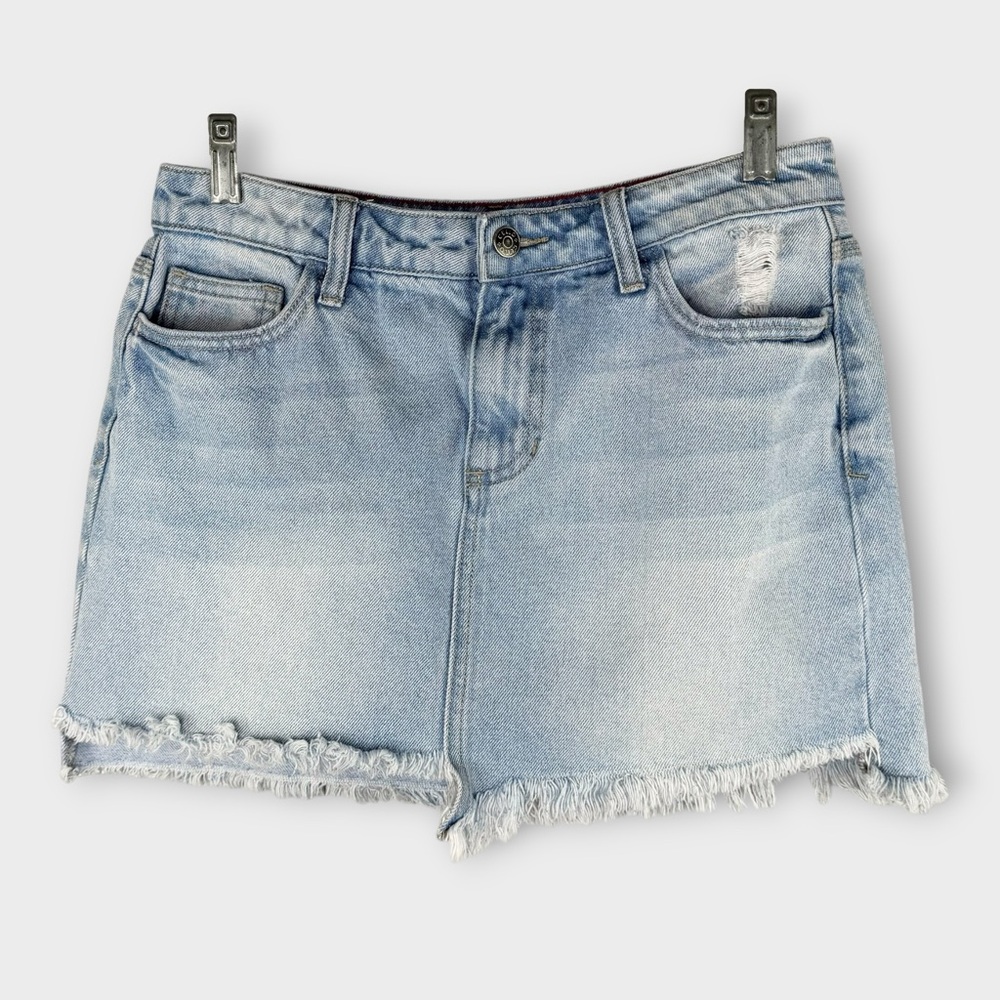 Cello Frayed Hem Mini Skirt M Light Wash Rigid Cotton Faded Distressed Raw Hem
